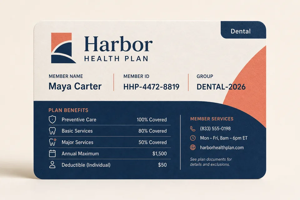 Illustrative Harbor Health Plan insurance card